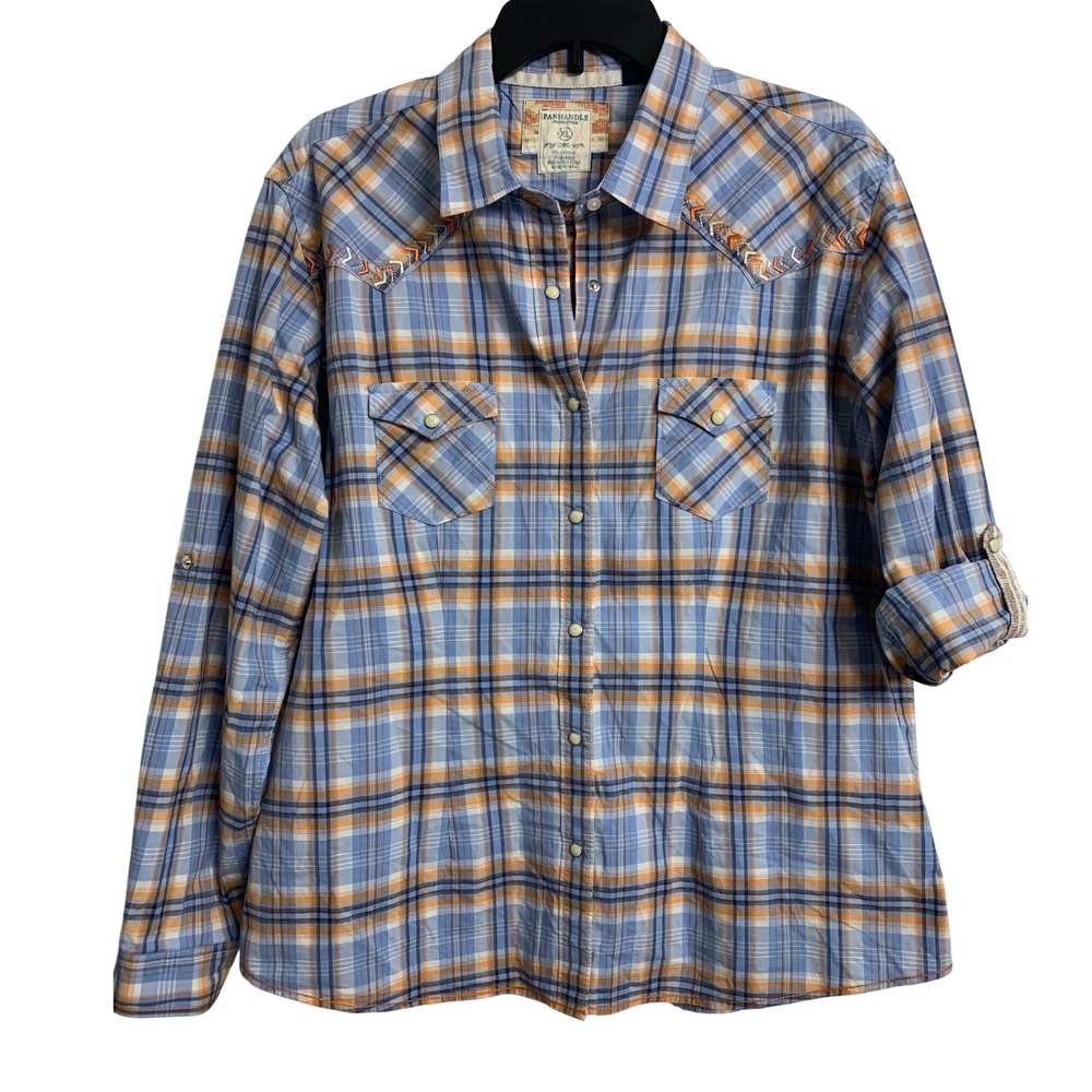 Panhandle Rough Stock  XL Blue Orange Plaid Embroidered Western Pearl Snap Shirt